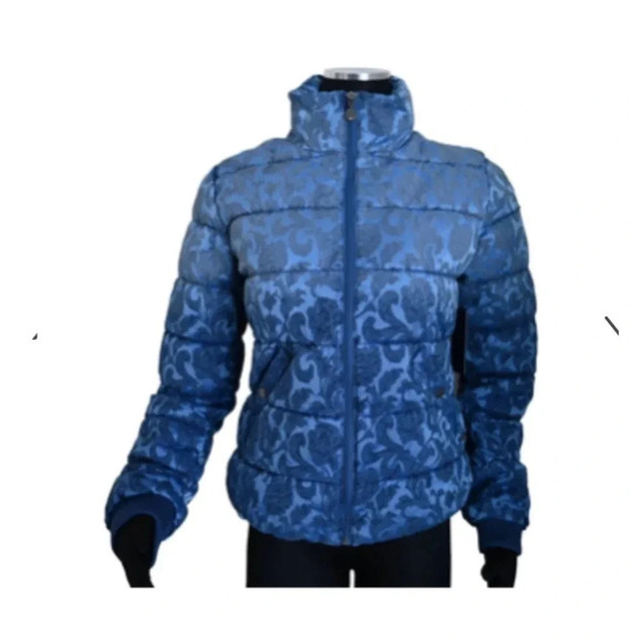 GUESS ASSUNTA BLUE PAISLEY ZIP UP LONG SLEEVE OMBRE PUFFER JACKET S - Picture 2 of 5